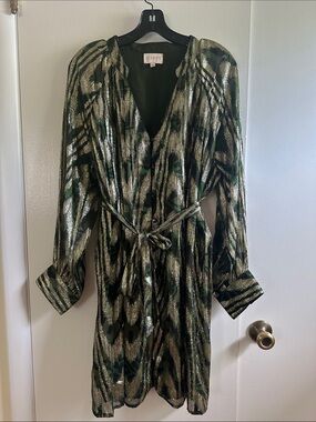 Ceibon Olive Metallic Print Wrap Dress